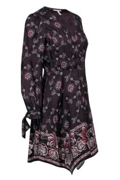 Rebecca Taylor - Burgundy Floral Print Fit & Flare Dress w/ Scarf Hem Sz 4