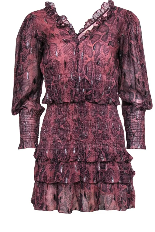 Rebecca Taylor - Dark Pink Snakeskin Dress w/ Sliver Metallic Detail Sz XS