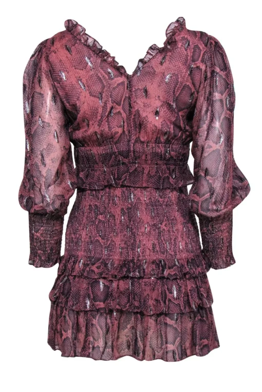 Rebecca Taylor - Dark Pink Snakeskin Dress w/ Sliver Metallic Detail Sz XS