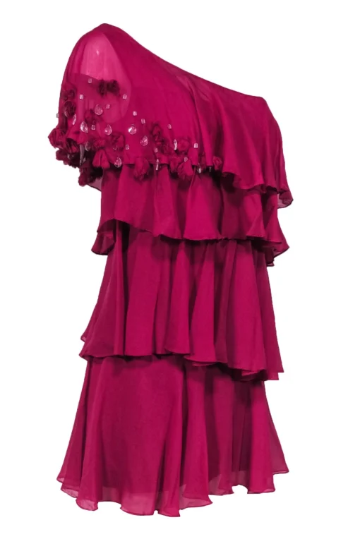 Rebecca Taylor - Fuchsia Silk Tiered One-Shoulder Dress Sz 4