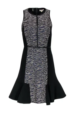 Rebecca Taylor - Grey & Metallic Blue Paneled Tweed Dress w/ Peplum Sz 6