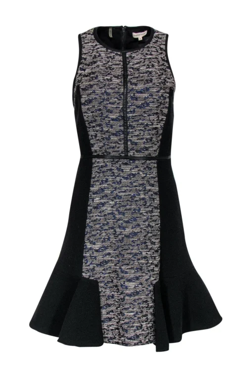 Rebecca Taylor - Grey & Metallic Blue Paneled Tweed Dress w/ Peplum Sz 6
