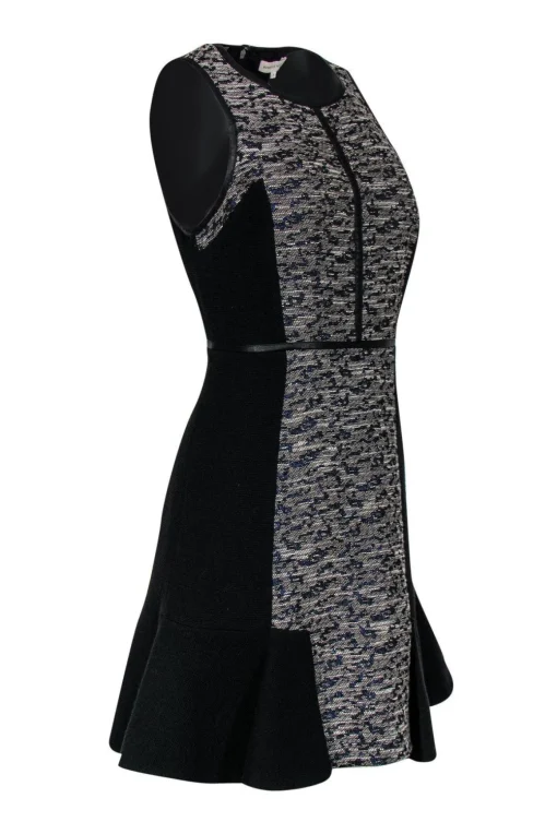 Rebecca Taylor - Grey & Metallic Blue Paneled Tweed Dress w/ Peplum Sz 6