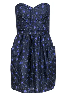 Rebecca Taylor - Grey & Purple Floral Print Quilted Silk Dress Sz 6