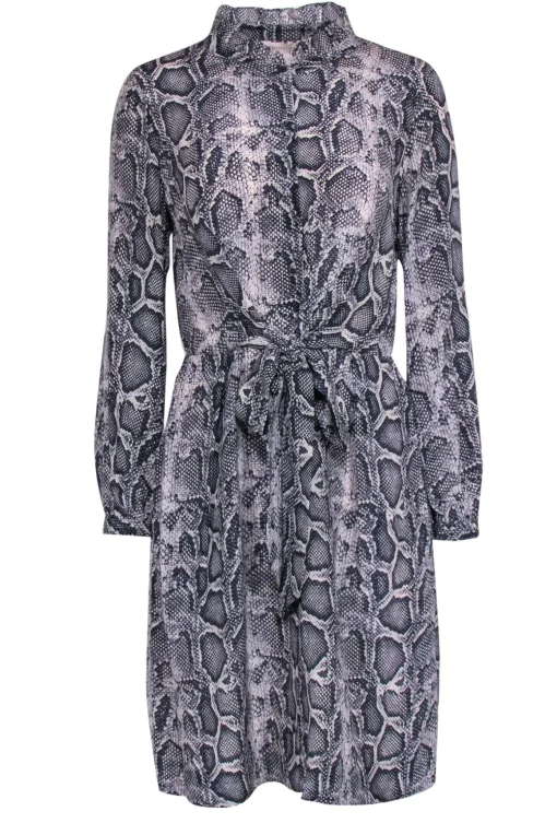 Rebecca Taylor - Grey Snakeskin Print Tied Silk Shirtdress Sz 6