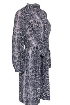 Rebecca Taylor - Grey Snakeskin Print Tied Silk Shirtdress Sz 6