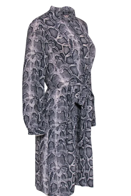 Rebecca Taylor - Grey Snakeskin Print Tied Silk Shirtdress Sz 6