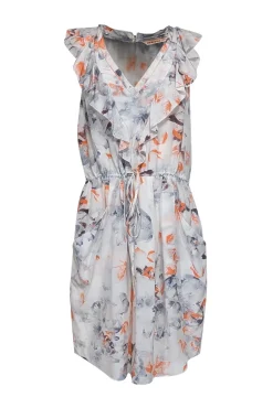 Rebecca Taylor - Light Grey, Orange, & Blue Abstract Print Silk Dress Sz 12