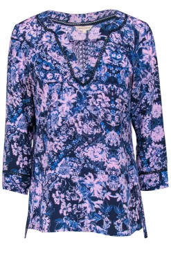 Rebecca Taylor - Navy & Lavender Floral Print Silk Blouse Sz 6
