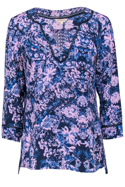 Rebecca Taylor - Navy & Lavender Floral Print Silk Blouse Sz 6