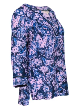 Rebecca Taylor - Navy & Lavender Floral Print Silk Blouse Sz 6