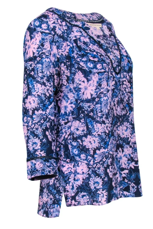 Rebecca Taylor - Navy & Lavender Floral Print Silk Blouse Sz 6