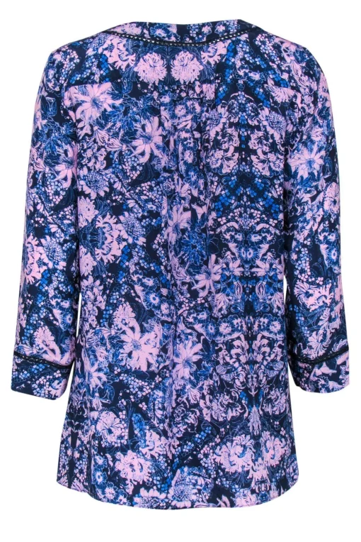 Rebecca Taylor - Navy & Lavender Floral Print Silk Blouse Sz 6