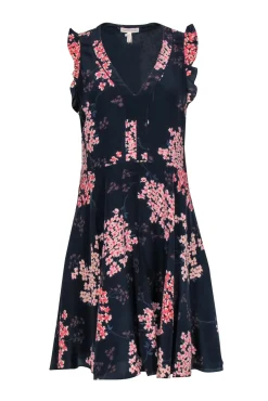 Rebecca Taylor - Navy & Light Pink Floral Silk A-Line Dress Sz 6