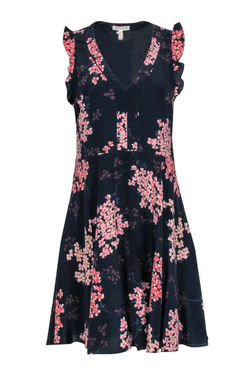 Rebecca Taylor - Navy & Light Pink Floral Silk A-Line Dress Sz 6