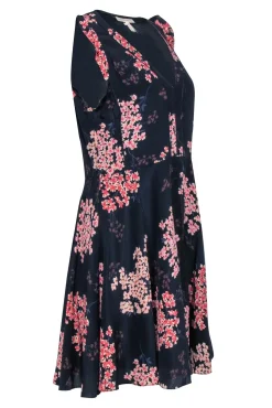 Rebecca Taylor - Navy & Light Pink Floral Silk A-Line Dress Sz 6