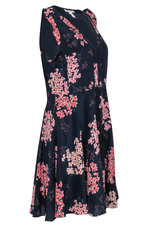 Rebecca Taylor - Navy & Light Pink Floral Silk A-Line Dress Sz 6