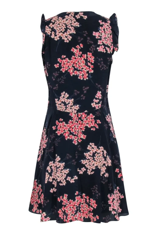 Rebecca Taylor - Navy & Light Pink Floral Silk A-Line Dress Sz 6