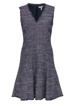 Rebecca Taylor - Navy & Pink Tweed Sleeveless A-Line Dress w/ Frayed Trim Sz 8