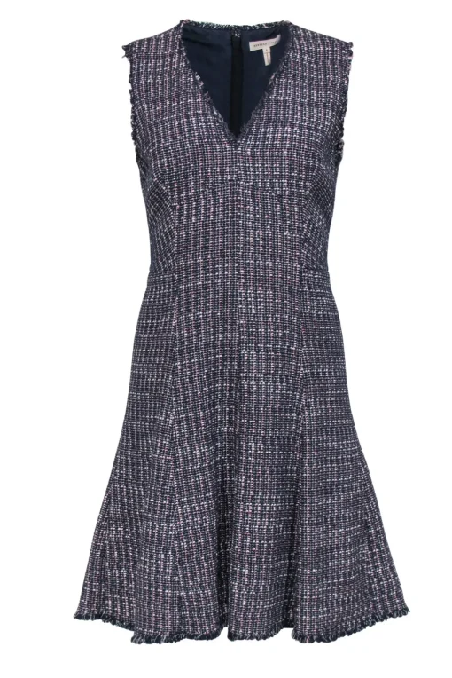 Rebecca Taylor - Navy & Pink Tweed Sleeveless A-Line Dress w/ Frayed Trim Sz 8