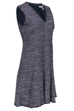 Rebecca Taylor - Navy & Pink Tweed Sleeveless A-Line Dress w/ Frayed Trim Sz 8