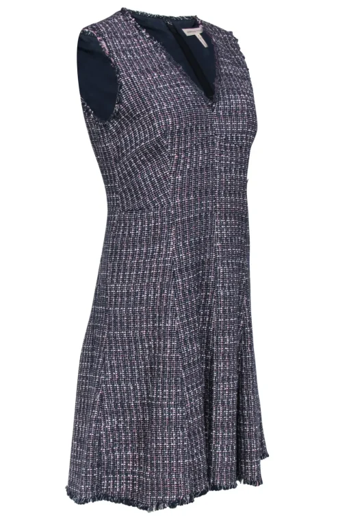 Rebecca Taylor - Navy & Pink Tweed Sleeveless A-Line Dress w/ Frayed Trim Sz 8