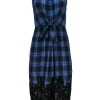 Rebecca Taylor - Navy & Purple Plaid Sleeveless Tie Front Dress w/ Lace Hem