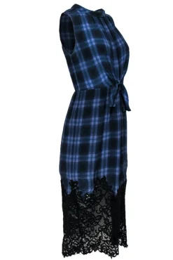 Rebecca Taylor - Navy & Purple Plaid Sleeveless Tie Front Dress w/ Lace Hem