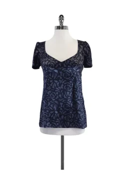 Rebecca Taylor - Navy & Steel Blue Rose Print Silk Shirt Sz 4