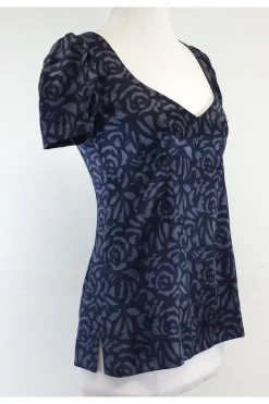 Rebecca Taylor - Navy & Steel Blue Rose Print Silk Shirt Sz 4