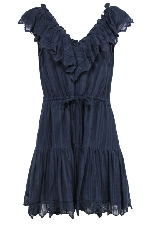 Rebecca Taylor - Navy Cotton Flutter Hem Dress w/ V-Neckline & Ruffles Sz 8