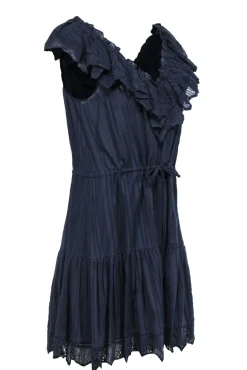 Rebecca Taylor - Navy Cotton Flutter Hem Dress w/ V-Neckline & Ruffles Sz 8