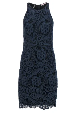 Rebecca Taylor - Navy Floral Lace Sleeveless Sheath Dress w/ Black Underlay Sz 4