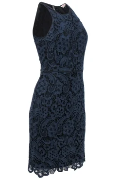Rebecca Taylor - Navy Floral Lace Sleeveless Sheath Dress w/ Black Underlay Sz 4