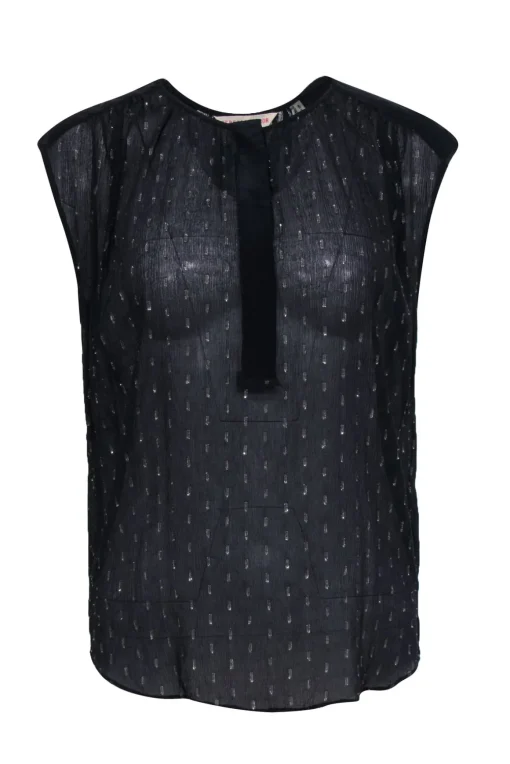 Rebecca Taylor - Navy Metallic Fleck Silk Short Sleeve Blouse Sz 6