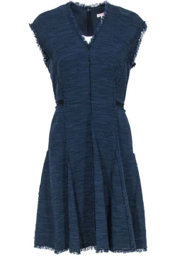 Rebecca Taylor - Navy Woven Tweed A-Line Dress w/ Frayed Edges Sz 4