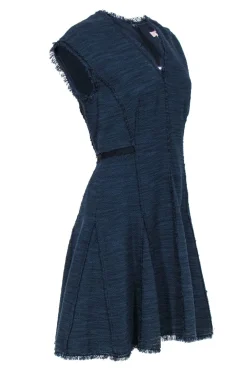 Rebecca Taylor - Navy Woven Tweed A-Line Dress w/ Frayed Edges Sz 4