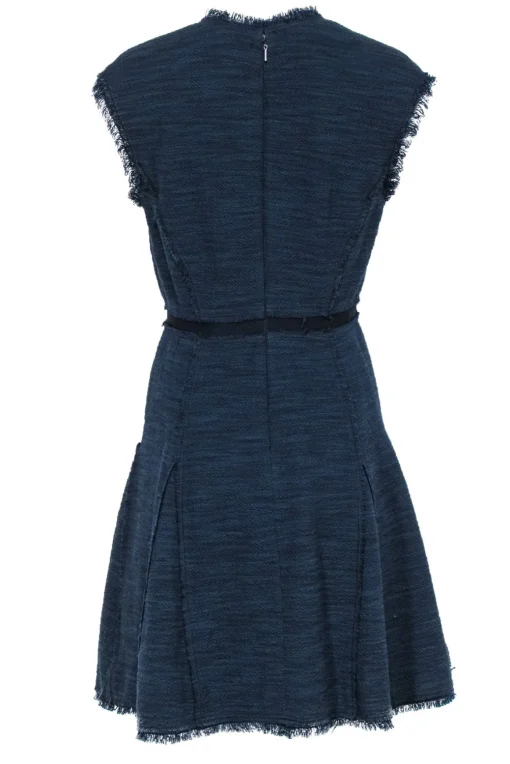 Rebecca Taylor - Navy Woven Tweed A-Line Dress w/ Frayed Edges Sz 4