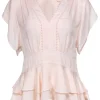 Rebecca Taylor - Pale Pink Short Sleeve Ruffled Silk Blouse w/ Embroidered Trim Sz 2
