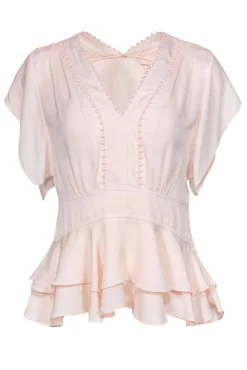 Rebecca Taylor - Pale Pink Short Sleeve Ruffled Silk Blouse w/ Embroidered Trim Sz 2