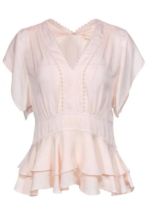 Rebecca Taylor - Pale Pink Short Sleeve Ruffled Silk Blouse w/ Embroidered Trim Sz 2
