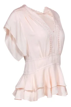 Rebecca Taylor - Pale Pink Short Sleeve Ruffled Silk Blouse w/ Embroidered Trim Sz 2