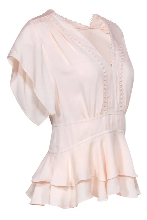 Rebecca Taylor - Pale Pink Short Sleeve Ruffled Silk Blouse w/ Embroidered Trim Sz 2