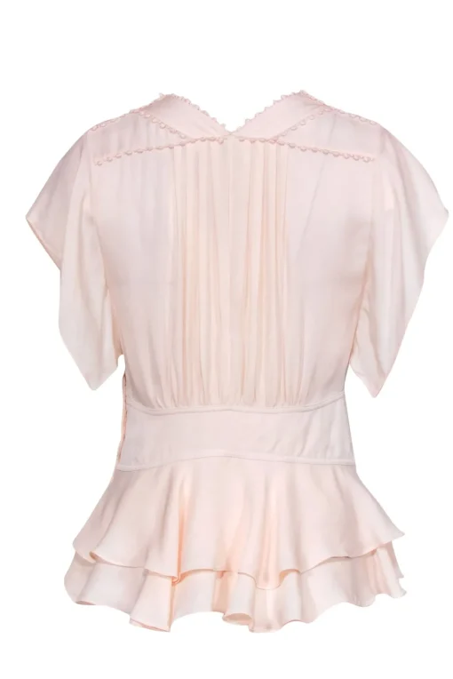 Rebecca Taylor - Pale Pink Short Sleeve Ruffled Silk Blouse w/ Embroidered Trim Sz 2