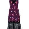 Rebecca Taylor - Plum Floral Print Silk Dress w/ Black & Navy Lace Trim Sz 8