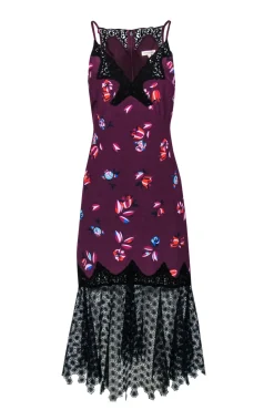 Rebecca Taylor - Plum Floral Print Silk Dress w/ Black & Navy Lace Trim Sz 8