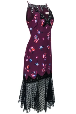 Rebecca Taylor - Plum Floral Print Silk Dress w/ Black & Navy Lace Trim Sz 8