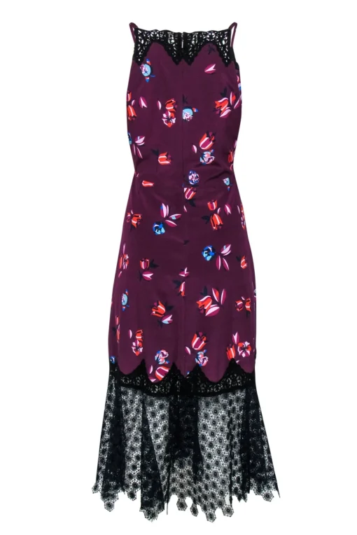 Rebecca Taylor - Plum Floral Print Silk Dress w/ Black & Navy Lace Trim Sz 8