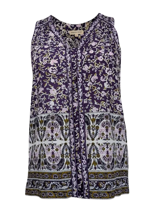 Rebecca Taylor - Purple w/ White & Gold Paisley Print Sleeveless Top Sz 0