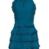 Rebecca Taylor - Teal Silk Mock-Halter Mini Dress w/ Lace & Ruffle Details Sz 8